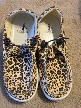 Corkys Leopard-Pattern Slip-On Shoes in Tan and Black Kayak